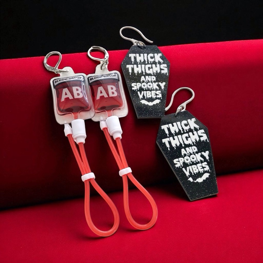 🆕 Blood Bag Type AB and Coffin Thick Thighs and Spooky Vibes Earrings